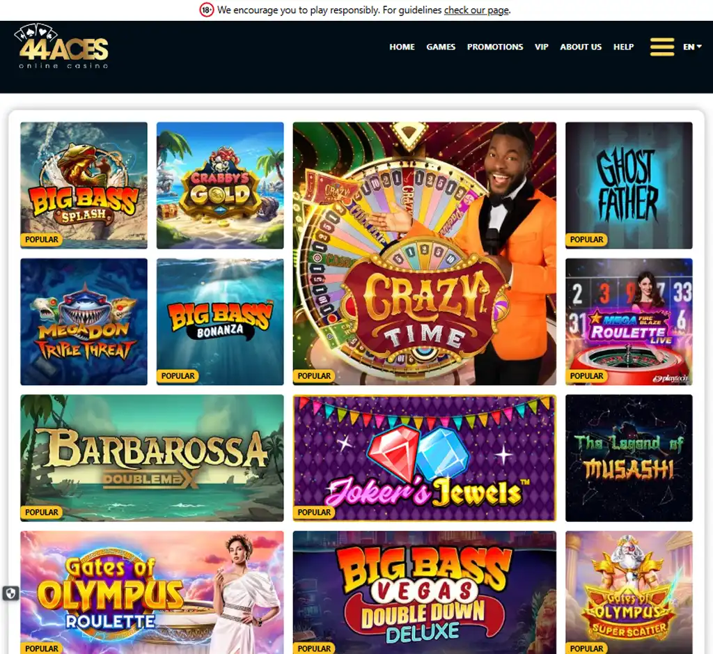 44 Aces Casino desktop slots lobby screenshot presenting variety of slot games with categories and providers   verified