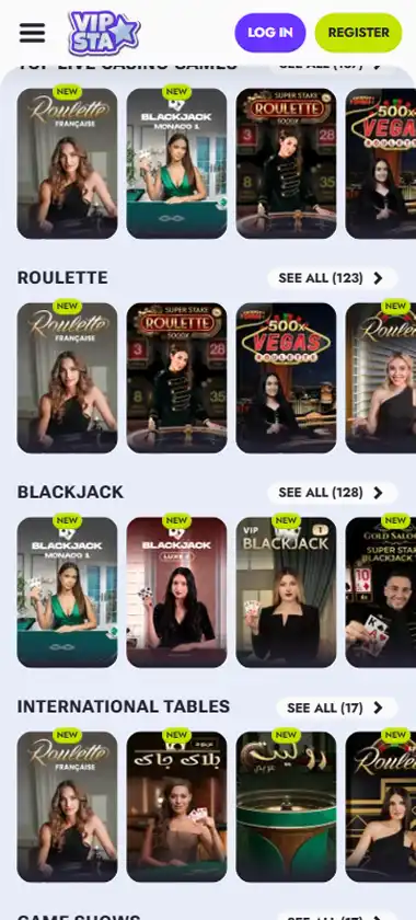Vipsta Casino mobile live casino interface screenshot showing live dealer tables including blackjack and roulette   tested