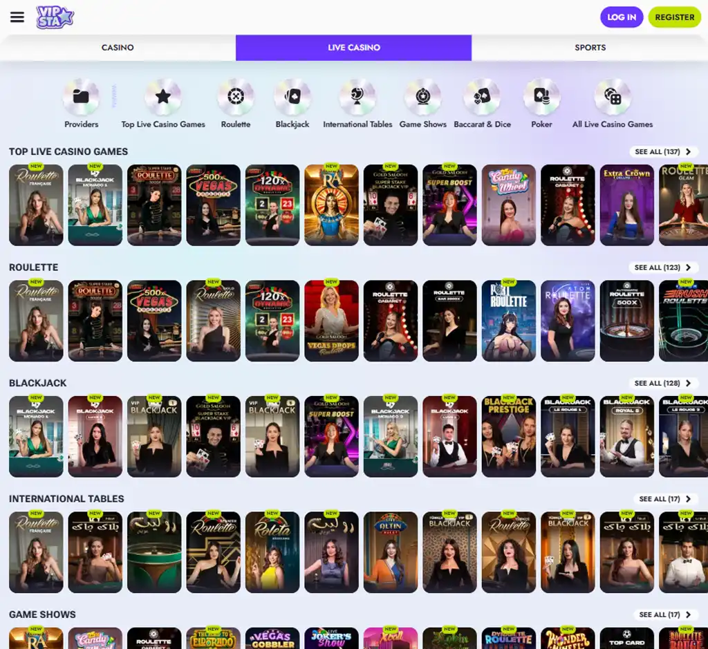 Vipsta Casino desktop live casino lobby screenshot featuring live dealer games and real time streaming interface   review testing