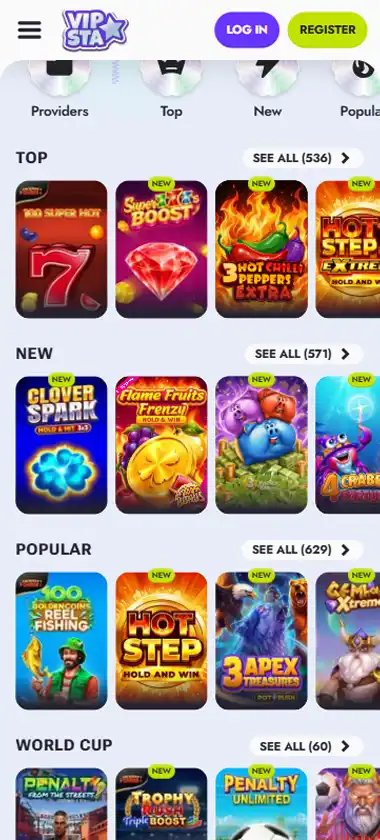 Vipsta Casino mobile slots interface screenshot showing slot game selection with popular titles and filtering options   captured during platform testing