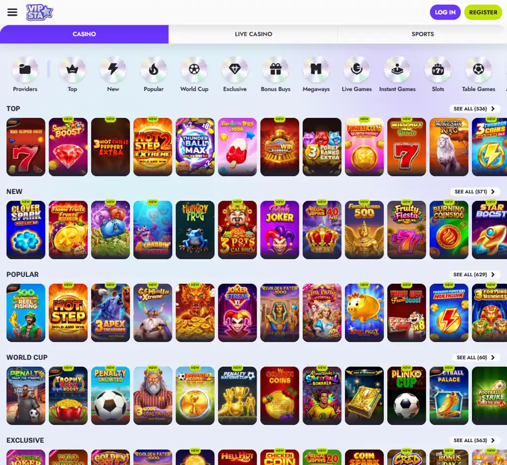 Vipsta Casino desktop slots lobby screenshot presenting variety of slot games with categories and providers   verified