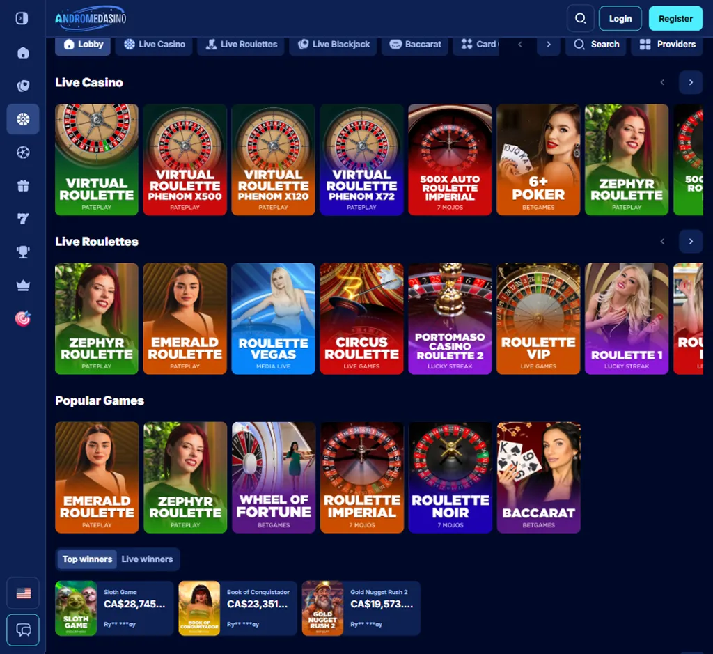 Andromedasino Casino desktop live casino lobby featuring live dealer games and real-time streaming interface - Tested