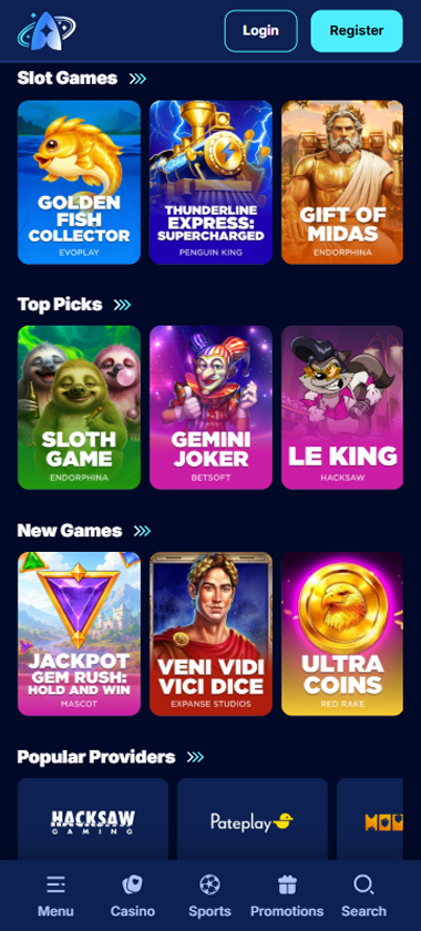 Andromedasino Casino mobile slots interface showing slot game selection with popular titles and filtering options - Tested