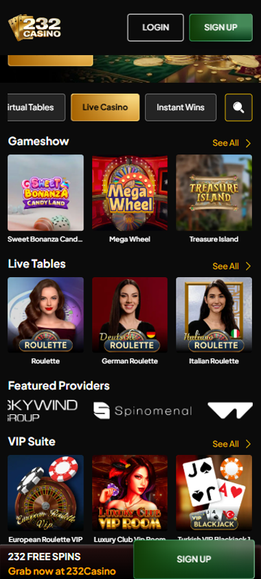 232 Casino mobile live casino interface showing live dealer tables including blackjack and roulette   captured during platform testing