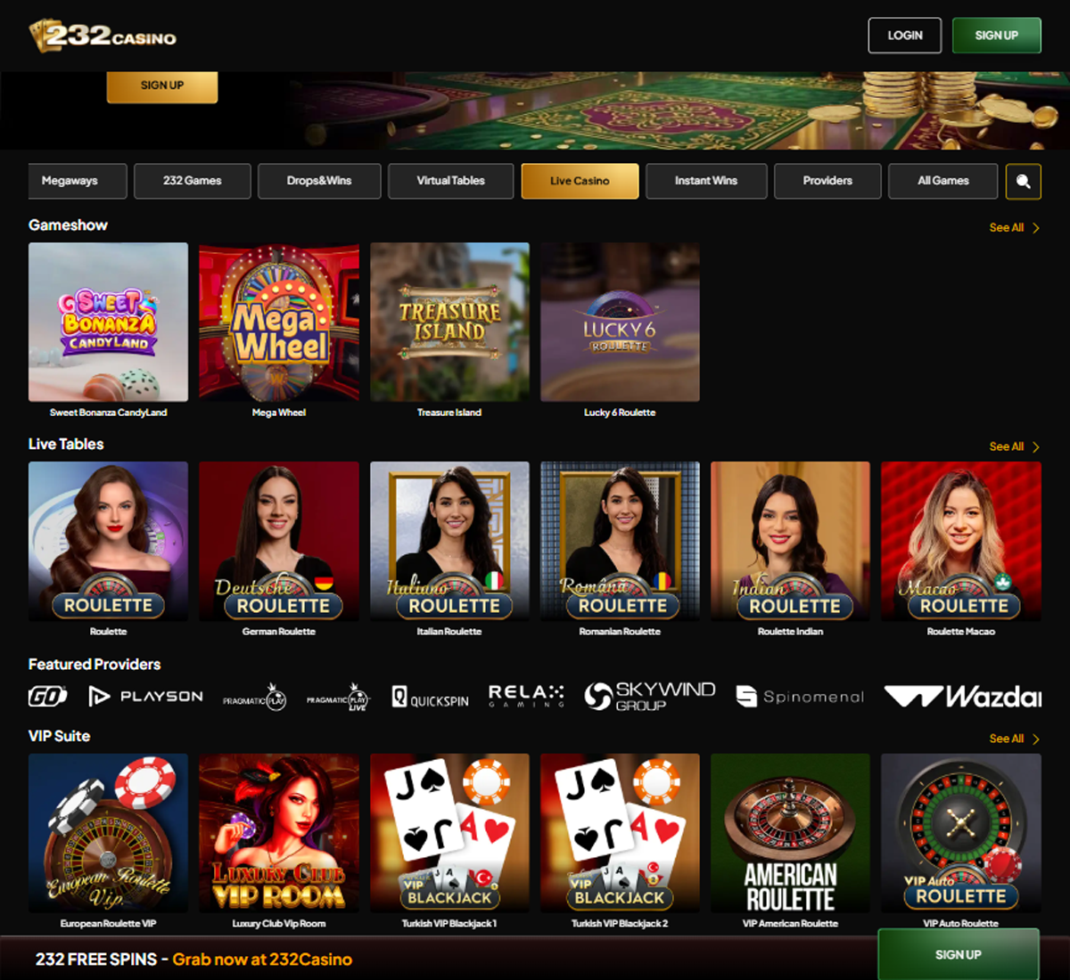 232 Casino desktop live casino lobby featuring live dealer games and real time streaming interface   tested