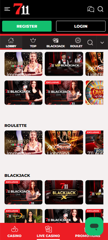 711 Casino mobile live casino interface showing live dealer tables including blackjack and roulette   captured during platform testing