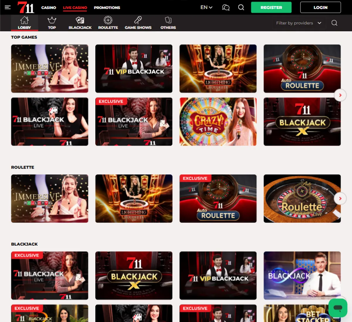 711 Casino desktop live casino lobby featuring live dealer games and real time streaming interface   tested