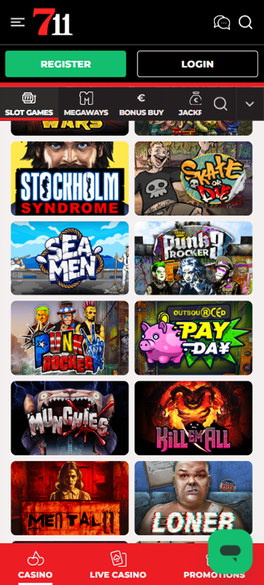 711 Casino mobile slots interface showing slot game selection with popular titles and filtering options   captured during platform testing