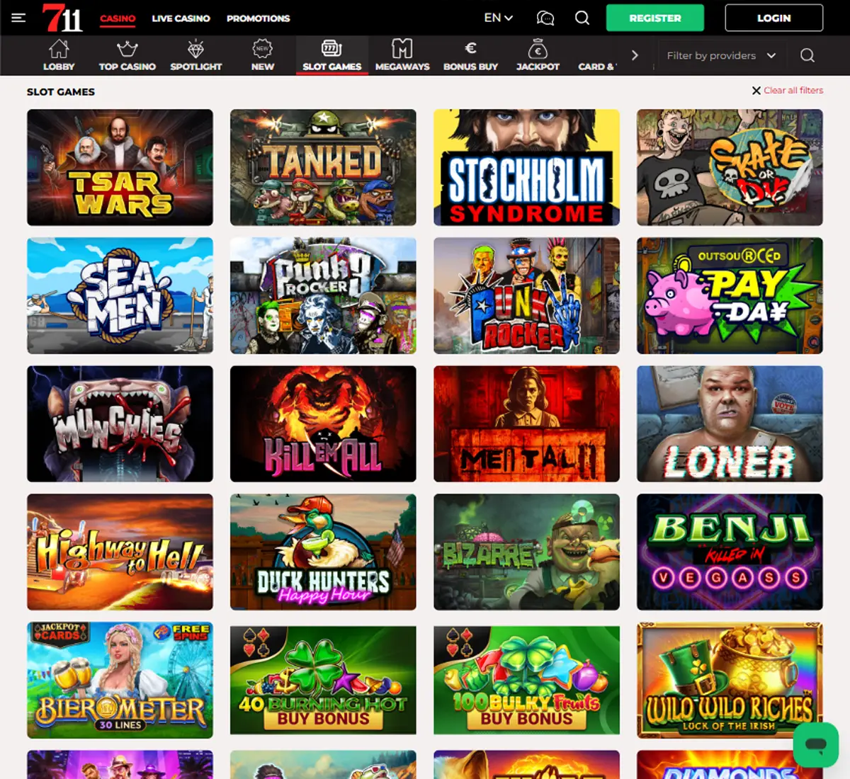711 Casino desktop slots lobby presenting a variety of slot games with categories and providers   tested