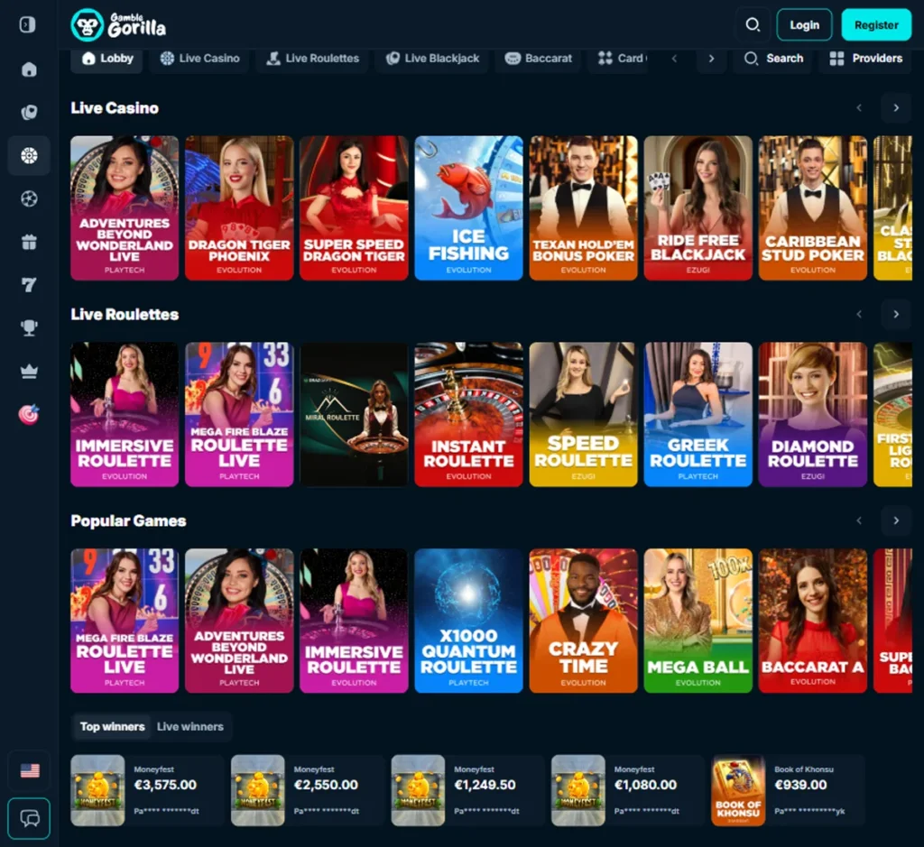 Gamble Gorilla Casino desktop live casino lobby featuring live dealer games and real-time streaming interface - Tested