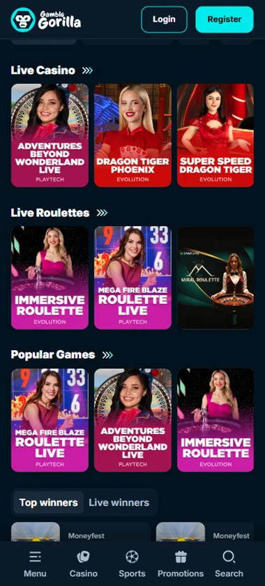 Gamble Gorilla Casino mobile live casino interface showing live dealer tables including blackjack and roulette - Tested