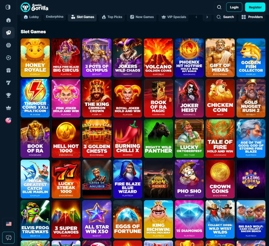 Gamble Gorilla Casino desktop slots lobby presenting a variety of slot games with categories and providers - Tested