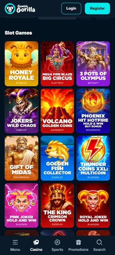 Gamble Gorilla Casino mobile slots interface showing slot game selection with popular titles and filtering options - Tested