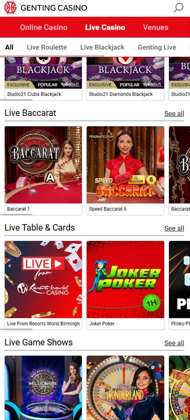 Genting Casino mobile live casino interface showing live dealer tables including blackjack and roulette - captured during platform testing