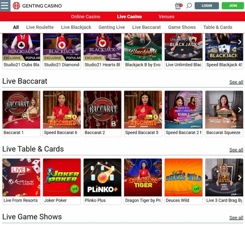Genting Casino desktop live casino lobby featuring live dealer games and real-time streaming interface - tested