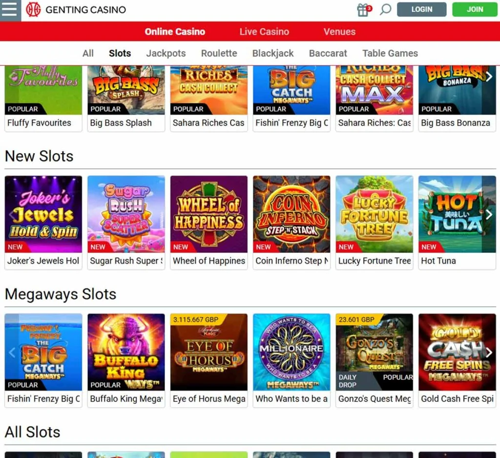 Genting Casino desktop slots lobby presenting a variety of slot games with categories and providers - tested