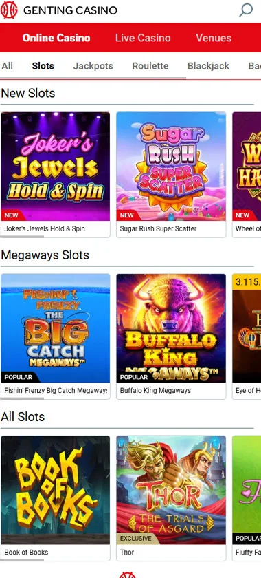Genting Casino mobile slots interface showing slot game selection with popular titles and filtering options - captured during platform testing