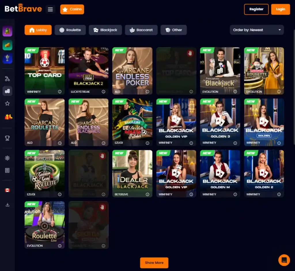 BetBrave Casino desktop live casino lobby featuring live dealer games and real-time streaming interface - Tested
