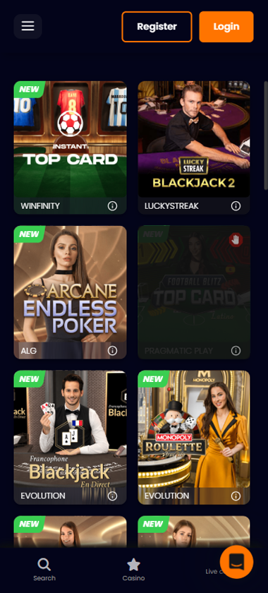 BetBrave Casino mobile live casino interface showing live dealer tables including blackjack and roulette - Tested