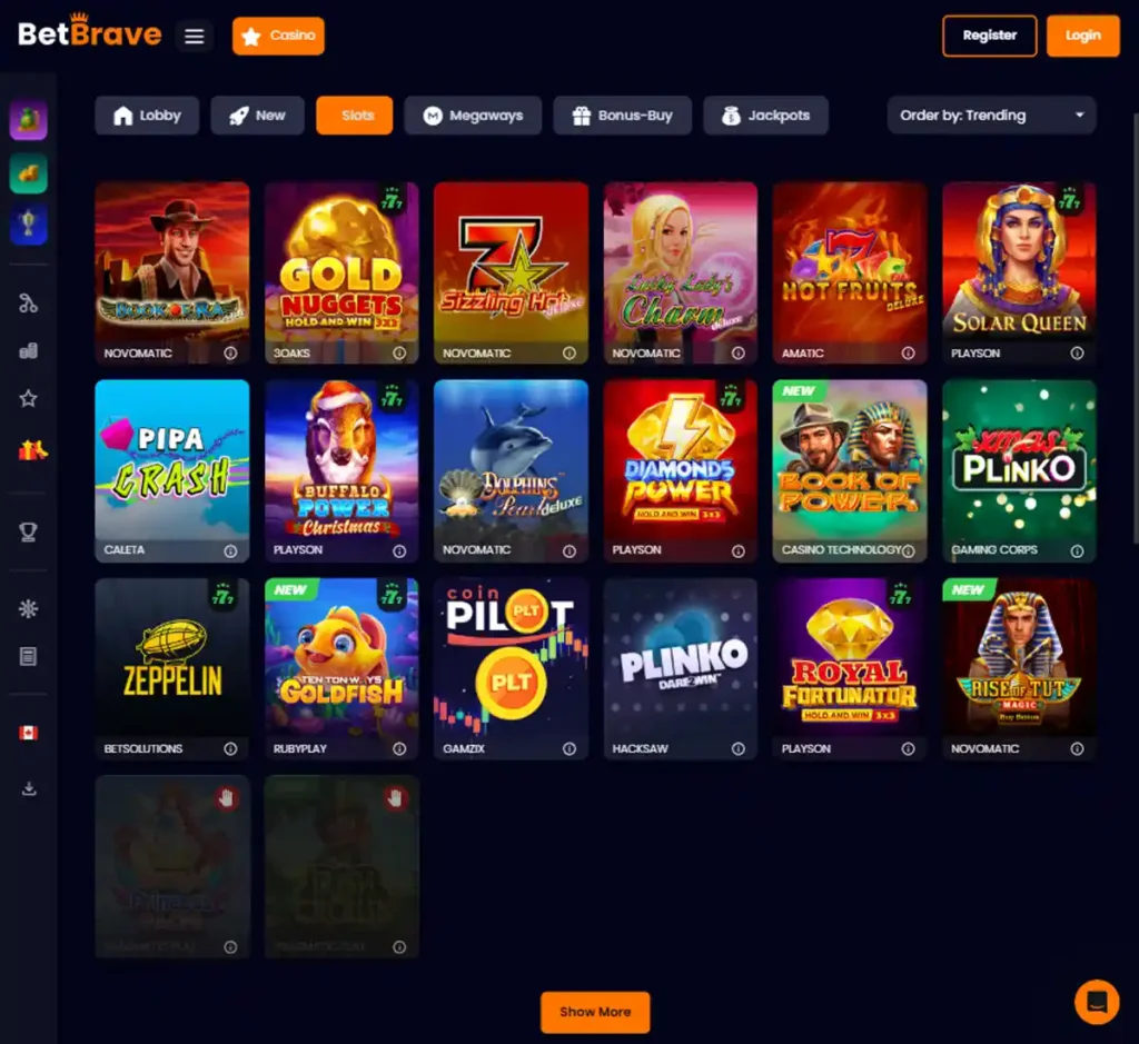 BetBrave Casino desktop slots lobby presenting a variety of slot games with categories and providers - Tested