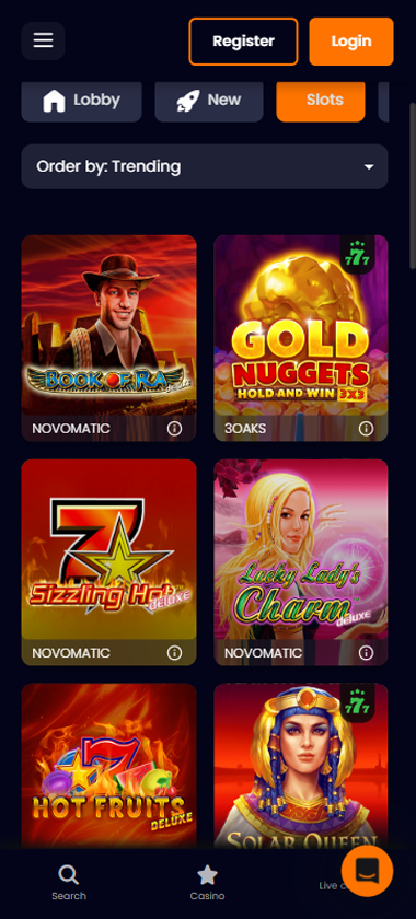 BetBrave Casino mobile slots interface showing slot game selection with popular titles and filtering options - Tested