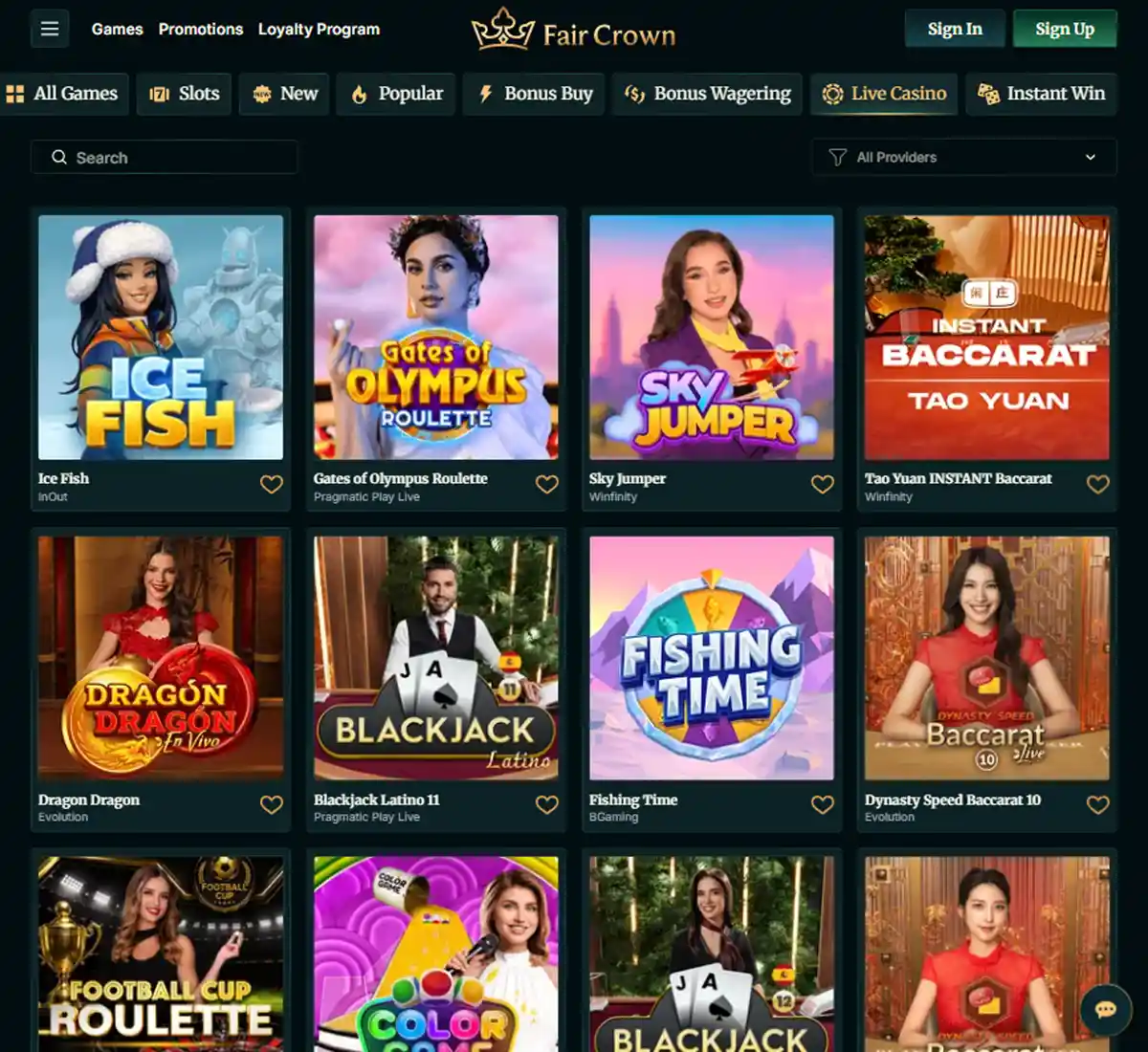 FairCrown Casino desktop live casino lobby featuring live dealer games and real time streaming interface   tested