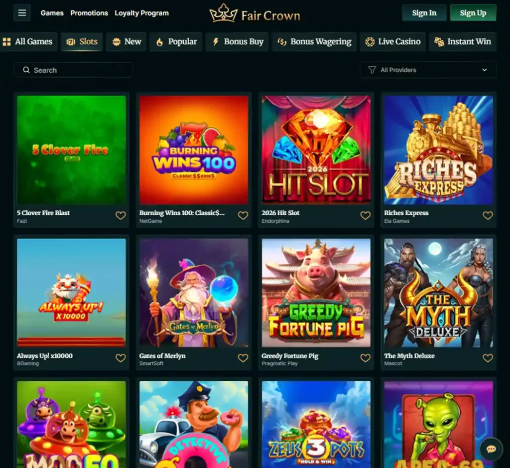 FairCrown Casino desktop slots lobby presenting a variety of slot games with categories and providers - Tested