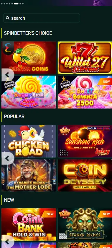 SpinBetter Casino mobile slots interface showing slot game selection with popular titles and filtering options   captured during platform testing