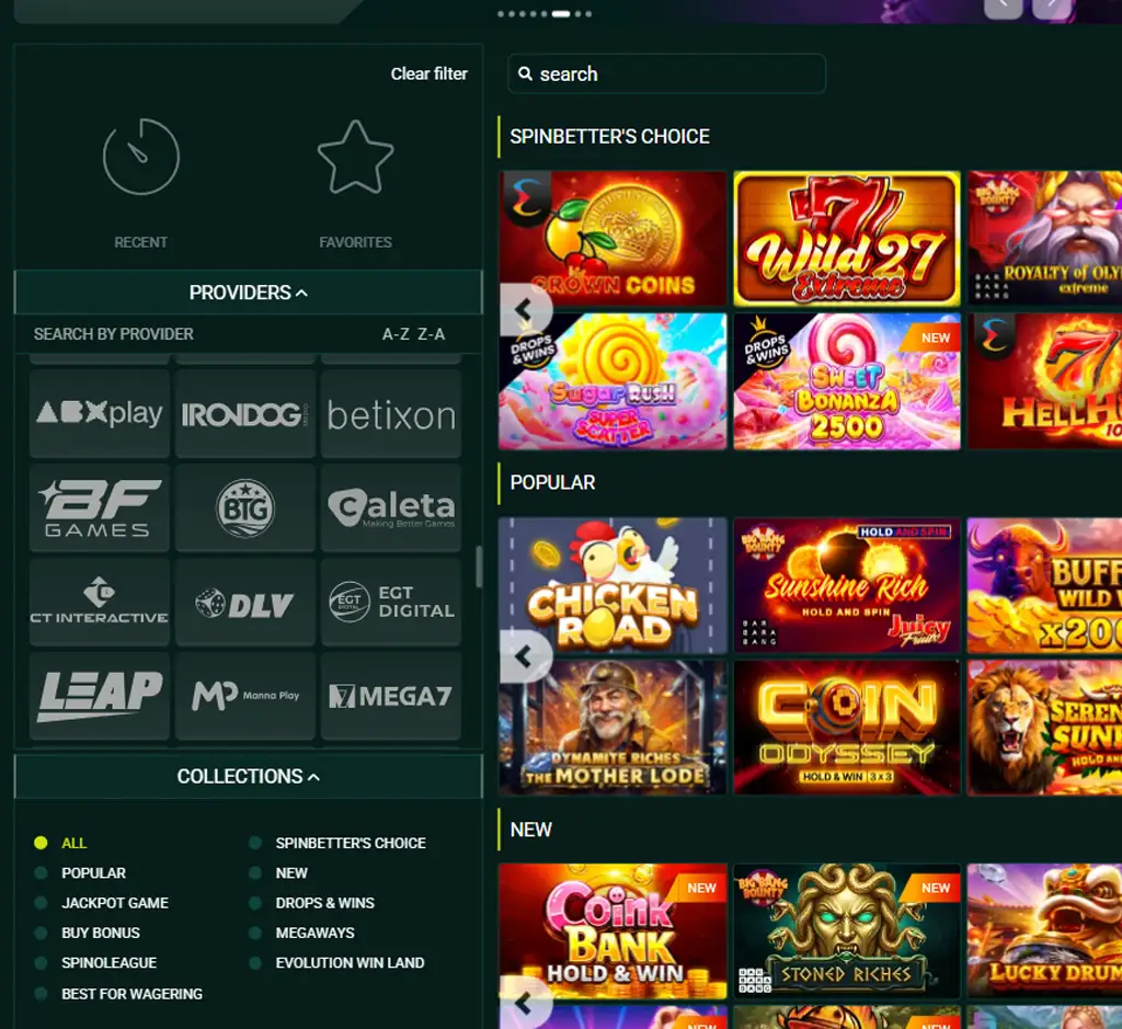 SpinBetter Casino desktop slots lobby presenting a variety of slot games with categories and providers   tested