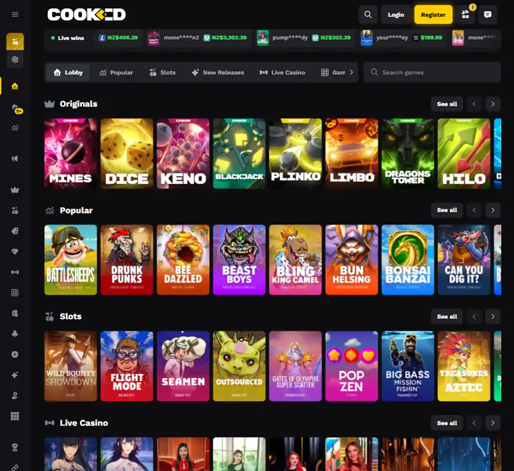 Cooked Casino desktop homepage screenshot displaying main casino lobby with featured games, promotions and navigation menu   tested