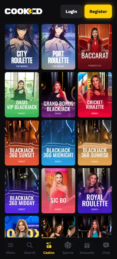 Cooked Casino mobile live casino interface showing live dealer tables including blackjack and roulette   captured during platform testing