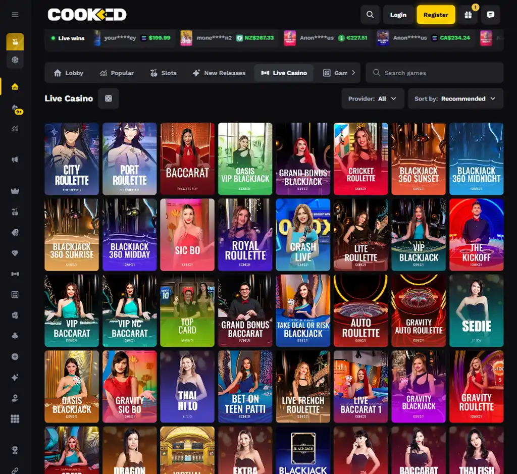 Cooked Casino desktop live casino lobby featuring live dealer games and real time streaming interface   tested