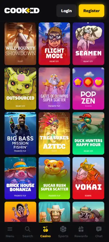 Cooked Casino mobile slots interface showing slot game selection with popular titles and filtering options   captured during platform testing