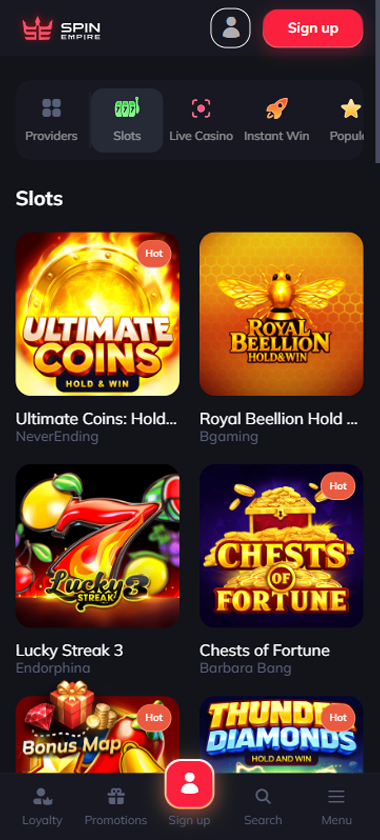 Spin Empire Casino mobile slots interface showing slot game selection with popular titles and filtering options   captured during platform testing